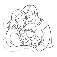 Family Hug Line Art Vector – Loving Parents and Children Illustration
