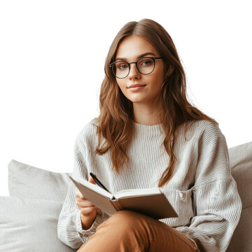 Film Critic - A model sitting on a couch, holding a notebook and pen, watching a film on a screen, analyzing scenes, and preparing a review isolated on transparent background