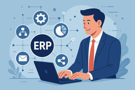 ERP Enterprise Resource Planning system concept. Businessman at laptop with digital interface, icons for business automation, data management, finance, and company processes.