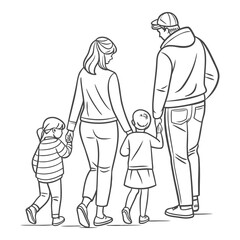 Family Walking Line Art Vector – Parents and Children Back View Illustration
