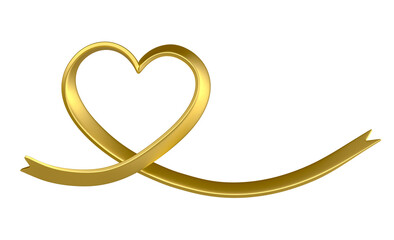 Heart-Shaped Golden Awareness Ribbon in 3D Render with transparent background