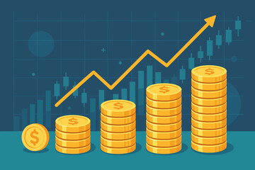 Financial investment growth concept, stacks of gold coins, upward trend arrow, stock market chart, wealth accumulation, business profit, money savings, currency exchange