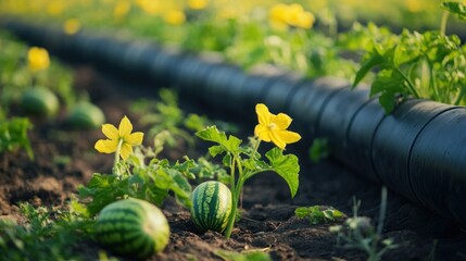 Watermelon plants in a field with irrigation pipes