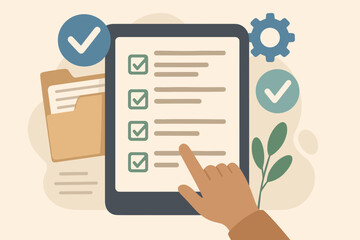 Digital checklist and online survey form on tablet, document management system, process automation, file organization, workflow optimization, modern flat illustration