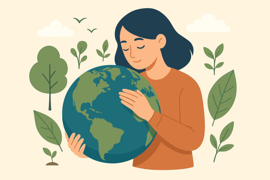 Earth Day environmental protection concept. Woman hugging globe. Save the planet, eco-friendly lifestyle, nature conservation, sustainability, green living, climate change awareness