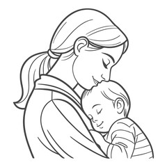 Mother Hugging Baby Line Art – Mom and Child Love Vector Illustration
