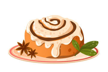 Vector illustration Cinnamon bun and sweet snail bun. Dessert baking. Sweet flour products. Pastry on white background