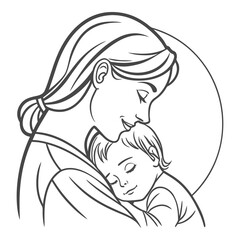 Mother Hugging Baby Line Art – Mom and Child Love Vector Illustration
