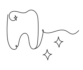 Tooth icon in continuous line drawing illustration. Dental teeth whitening. Outline icon vector.