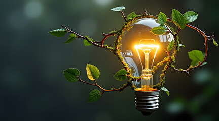 Glowing light bulb wrapped with green vine and leaves, symbolizing eco friendly energy and nature inspired innovation in dark blurred background