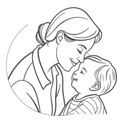 Mother and Baby Nose Touching – Line Art Mom and Child Vector Illustration
