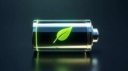 Eco friendly battery with glowing green leaf symbol representing sustainable energy and environmental consciousness concept