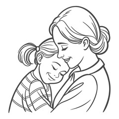 Mother Hugging Daughter – Line Art Mom and Girl Vector Illustration
