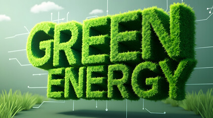 Green energy text made of grass with digital circuit background symbolizing sustainable power and eco friendly technology concept