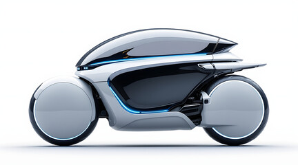 Futuristic electric motorcycle with sleek aerodynamic design and glossy black and white body featuring blue LED accents and enclosed wheels