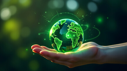 Glowing green earth globe floating above open hand with digital energy effects symbolizing environmental care and global connection