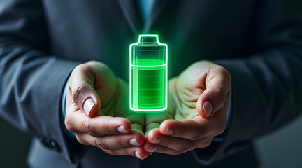 Green glowing battery icon symbol cradled by hands showing energy and power concept in business suit