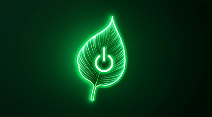 Leaf shaped power switch glowing green symbol on dark background, representing eco friendly energy concept with bright neon light effect