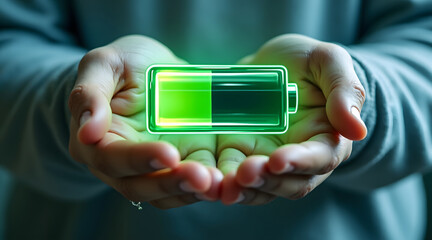 Hands cradling glowing green battery icon symbolizing energy, power, and sustainability with futuristic digital effect in dark background