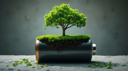 Tree growing from inside battery shell symbolizes sustainable energy and environmental growth with vibrant green leaves and moss on dark surface