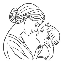 Mother and Baby Looking at Each Other – Loving Mom and Child Line Art Vector
