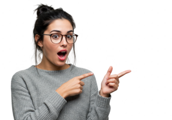 Surprised woman pointing with both index fingers isolated on transparent background