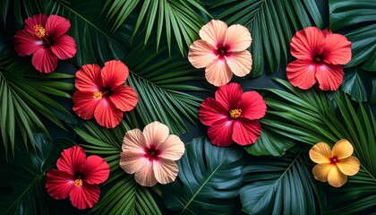 Fototapeta premium Exotic Floral Arrangement, Hibiscus Blooms and Palm Fronds on Dark Backdrop