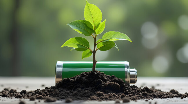 Green plant growing from soil on battery shell symbolizing eco energy and sustainability