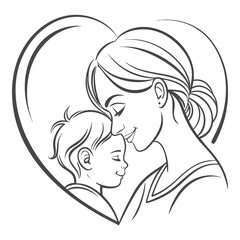 Mother and Baby with Heart – Loving Mom and Child Line Art Vector
