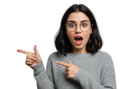 Young woman pointing with surprise isolated on transparent background