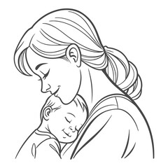 Mother Hugging Baby Line Art – Mom and Child Love Vector Illustration
