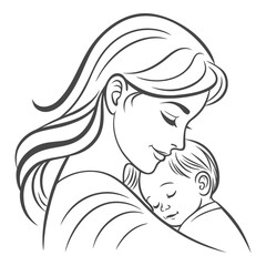 Mother Hugging Baby Line Art – Mom and Child Love Vector Illustration
