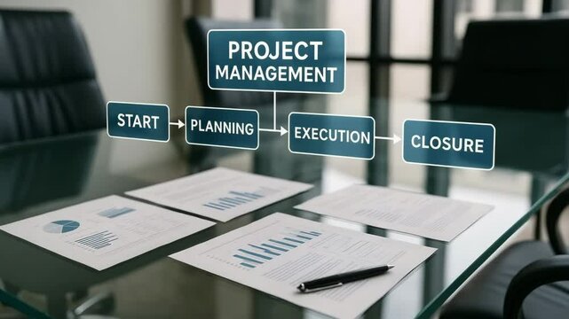 A holographic chart links start, planning, execution and closure above financial reports on a glass table. Concept of structured project management lifecycle.

