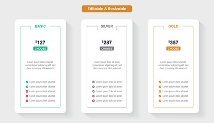 Pricing or subscription plan ui web elements. Website marketing or promotion interface template. Product comparison or subscription table. Price table concept vector design. 