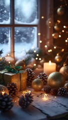 Tradition home decoration for Christmas. Wrapped gifts, pine cones and a flickering candle on wooden table beside a frosted window in warm golden light with bokeh, copy space