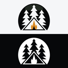 Camping logo featuring a tent, fire, and trees isolated on white background