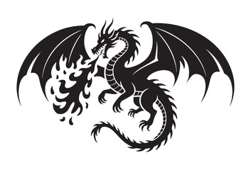 Fierce black dragon breathing fire with large wings spread wide