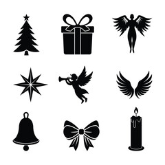 A festive set of nine black Christmas silhouette vector icons including tree, gift, angel, star, bell, bow, wings, and candle for seasonal designs