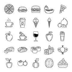 A collection of minimalist line art icons depicting various food and drink items, including pizza, burgers, coffee, ice cream, sushi, and fruit.