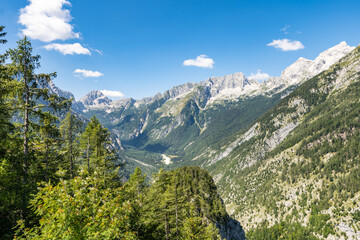 Lush green forests frame a breathtaking view of the Julian Alps. Majestic mountains rise against a...