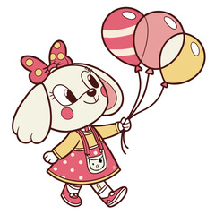 Fototapeta premium Cartoon dog character holding colorful balloons while smiling 