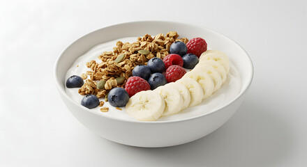 Healthy Yogurt Bowl with Granola, Mixed Berries, and Banana Slices