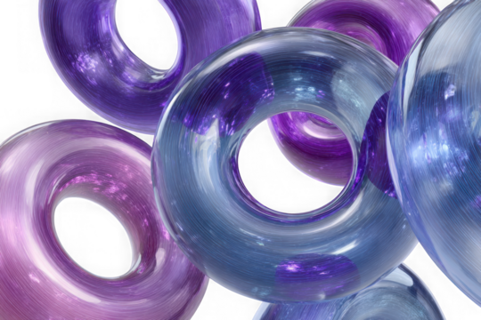 Abstract swirling torus shapes with iridescent purple and blue hues isolated on transparent background