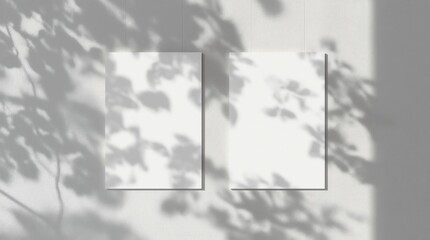 2 vertical sheets of textured white paper on soft gray table background. Mockup overlay with the plant shadows. Natural light casts shadows from an exotic plant. Horizontal orientation