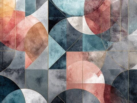 Blue and pink wallpaper design with straight lines and curves. Generative AI
