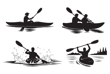 Silhouettes of kayakers enjoying various water activities on a white background