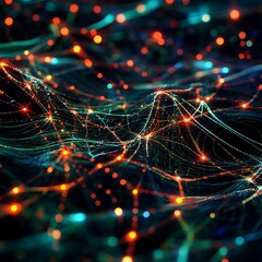 Abstract network with glowing nodes and lines connecting them in a dark and colorful background