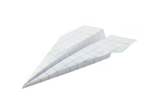 A paper airplane with blue grid lines is isolated on transparent background, symbolizing dreams of flight