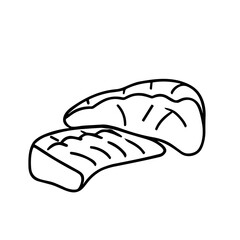 Simple black and white illustration of two pieces of cooked food, possibly meat.