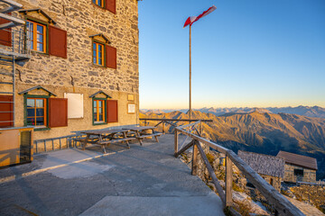 At sunrise, the Julius Payer House offers breathtaking views of the Ortler Alps. The building is...